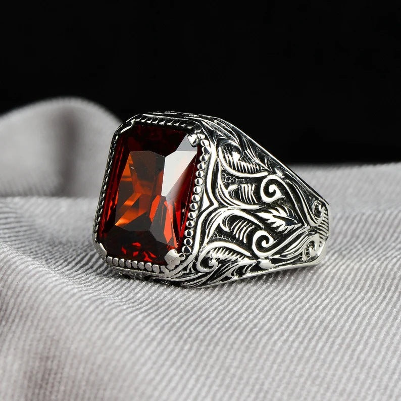 Men's Retro Exaggerated Ethnic Style Inlaid Square Ruby Punk Rings
