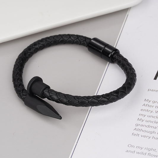 Men's Nail Head Woven Cowhide Stainless Steel Simple Black Bracelet