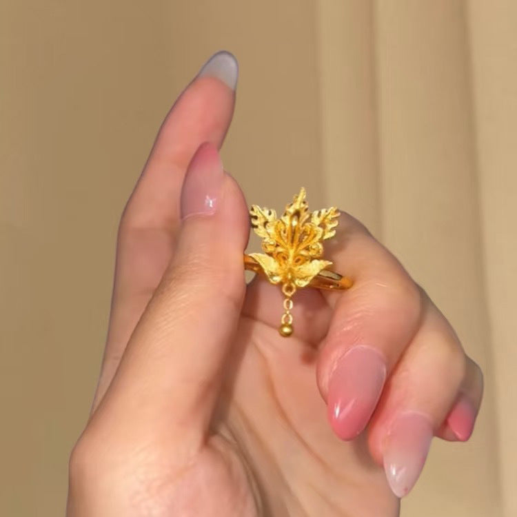 National Style Small Slip Tassel Phoenix Chinese Wedding Three Gold Ring