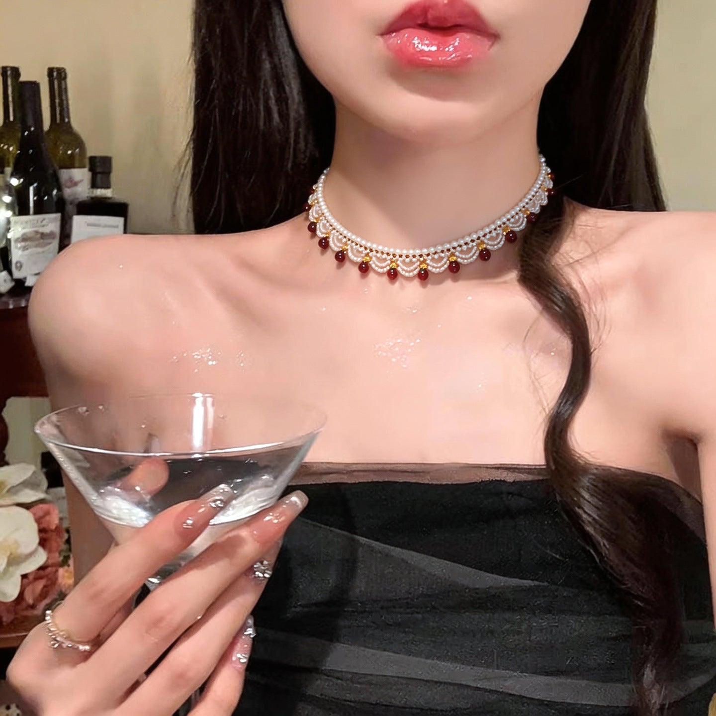 Women's Stainless Steel Glass Beaded Lace Mori Vacation Clavicle Chain Light Necklace