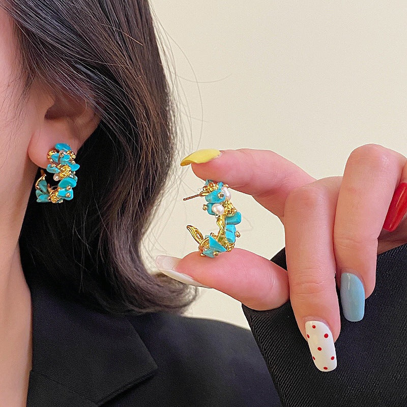 Freshwater Pearl Turquoise Bohemian Ethnic Style Ear Female Irregular Geometric Stud Earrings