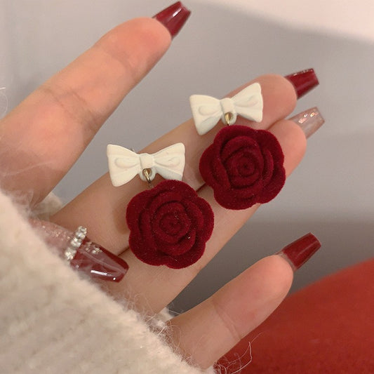 Women's Red Veet Camellia Flocking Bow Rose Earrings