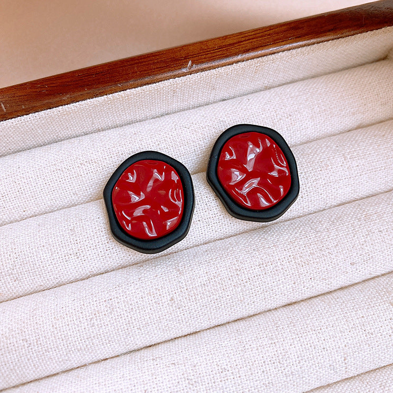 Women's Sier Needle Red Irregular Ear Retro Exaggerated Earrings