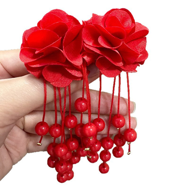 Exquisite Eye-catching Advanced Fabric Flower Beaded Tassel Long Rings