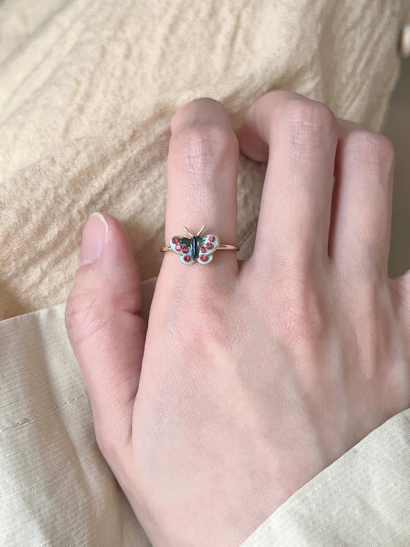 French Retro Blue Red Loving Heart Rings