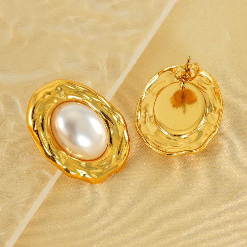 Entry Lux Love Oval Titanium Steel Fashion Pearl Pleated Earrings