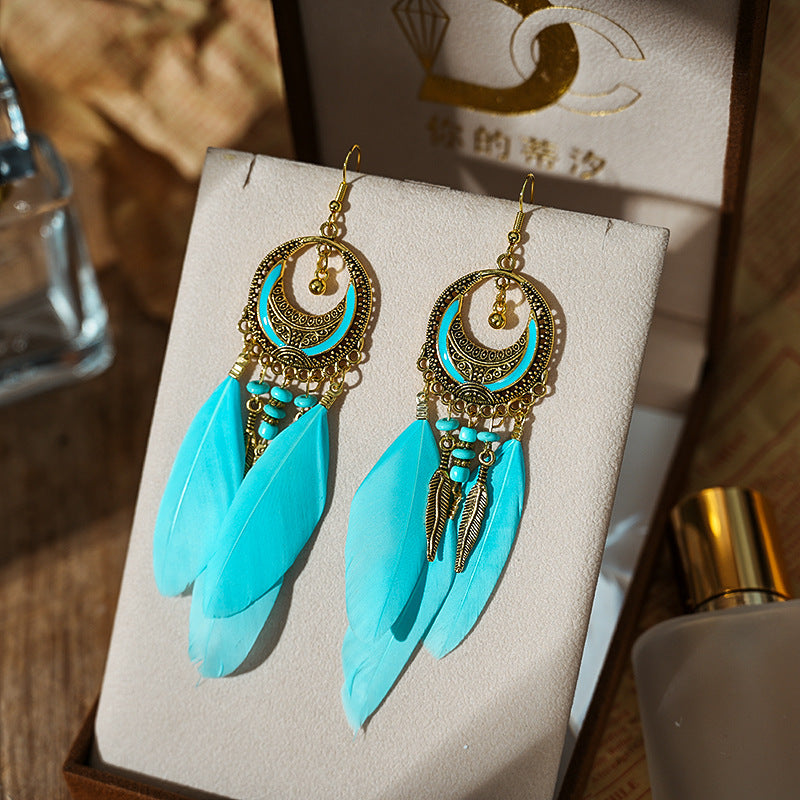 Women's Crescent-shaped Long Wine Red Feather Tassel For Retro Earrings