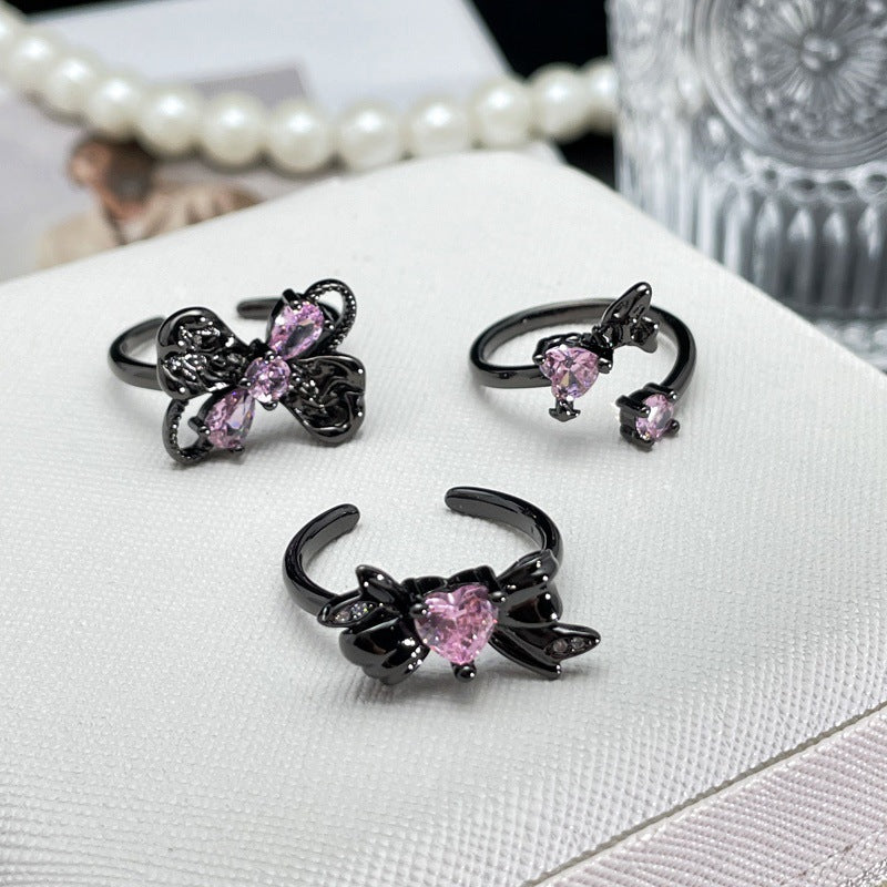 Dark Style Pink Diamond Love Heart Rings