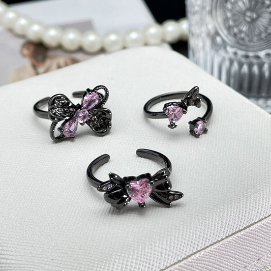 Dark Style Pink Diamond Love Heart Rings