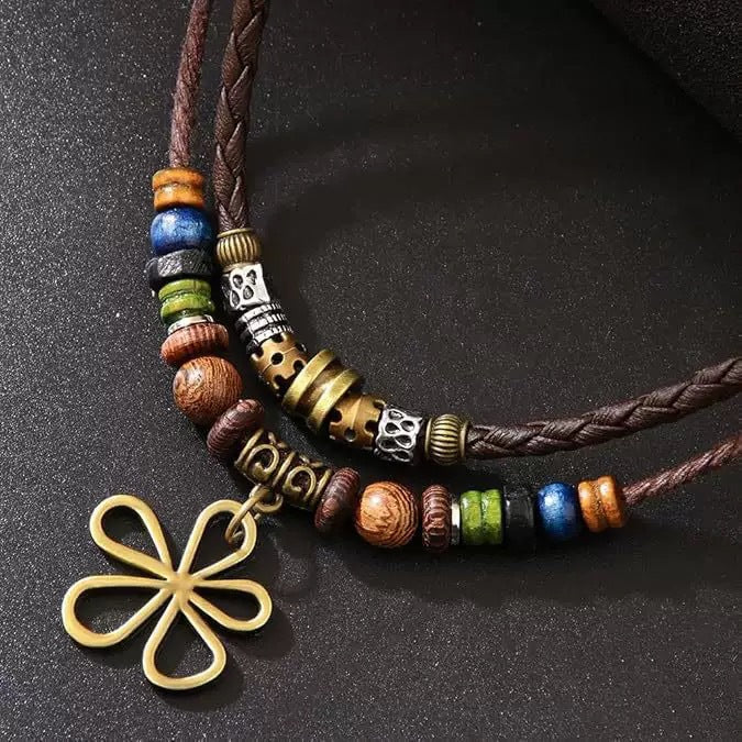 Vintage Ethnic Style Wooden Bead Beaded Flower Bronze Sweater Pendants