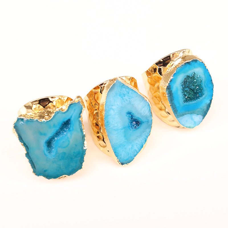 Agate Crystal Hole Rough Stone Electroplated Rings