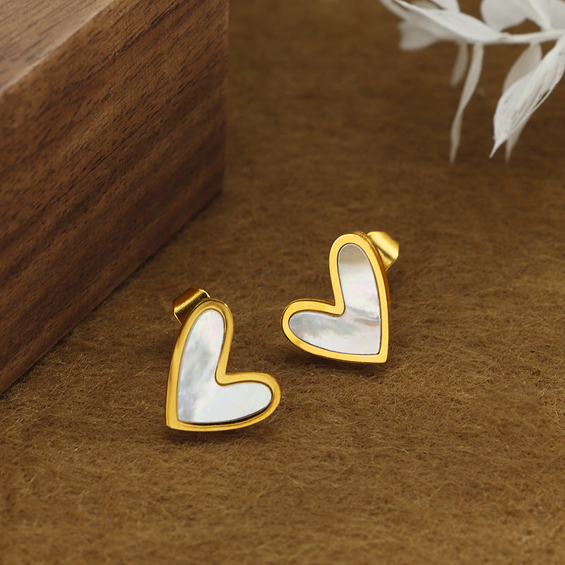 White Shell Love Heart Titanium Plated Ear Sweet Earrings