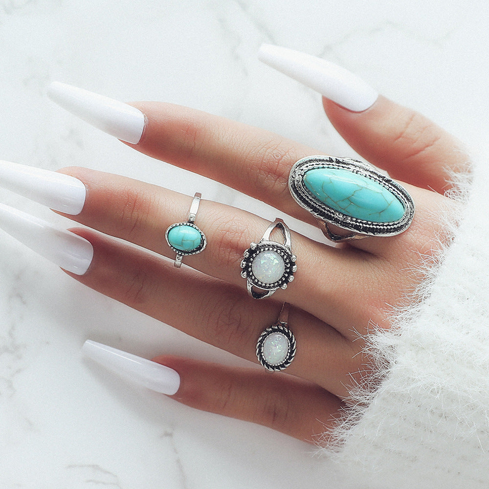 Style Retro Turquoise Carved Feather Fashion Rings