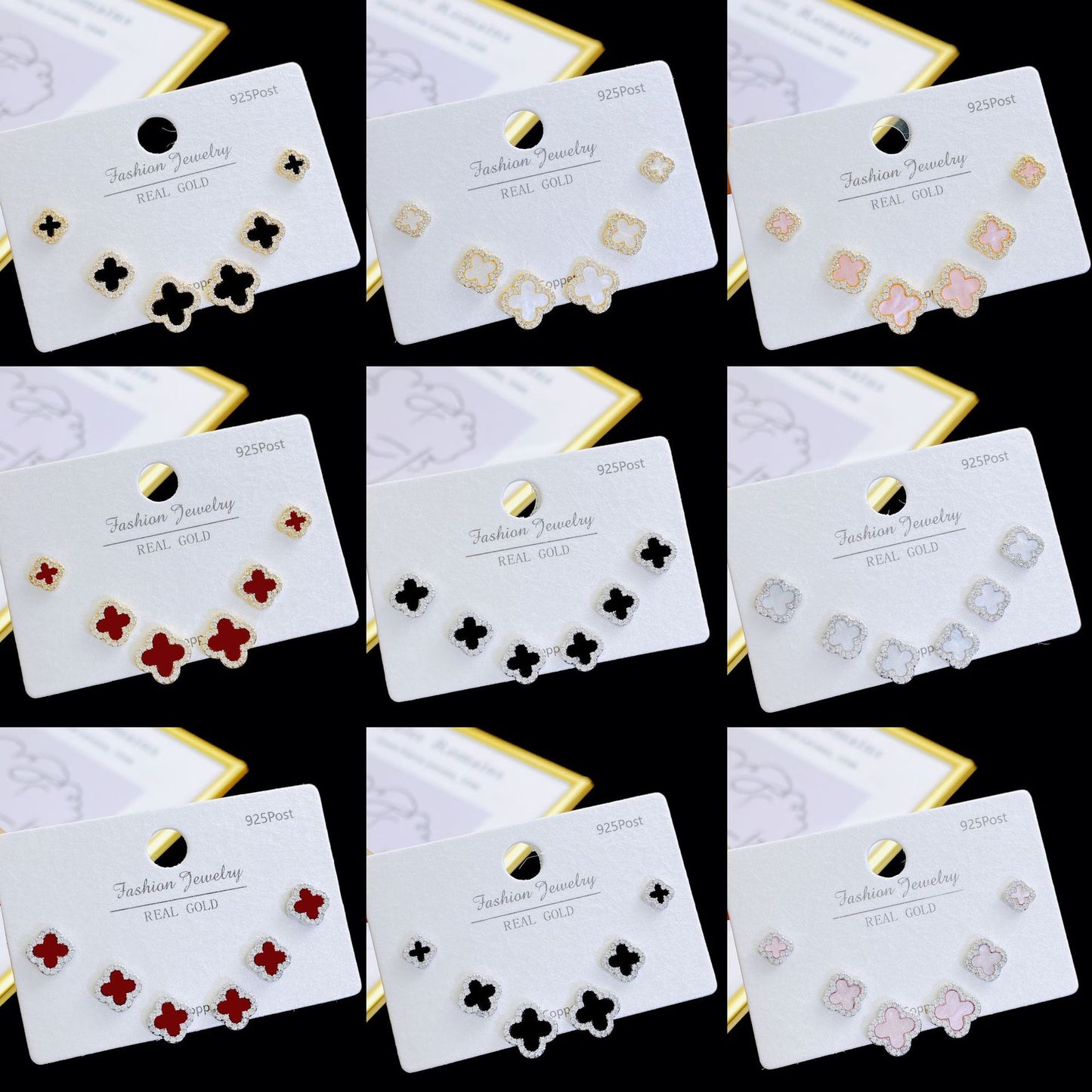 Exquisite Fashion Zircon Four-leaf Flower One Card Three Pairs Stud Earrings