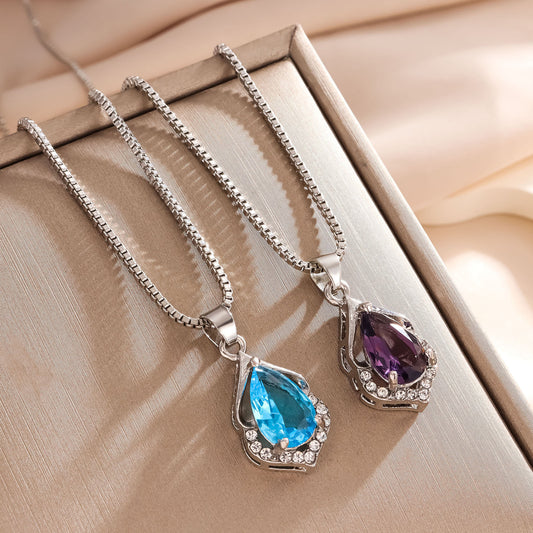 Sier Water Drop Amethyst Clavicle Chain Pendants