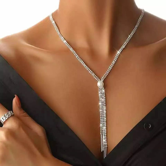 Pearl Trendy Long Fringe Rhinestone Clavicle Necklaces