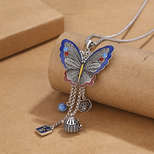 Cloisonne Butterfly Female Temperament Thai Sier Antique Finish Long Necklaces
