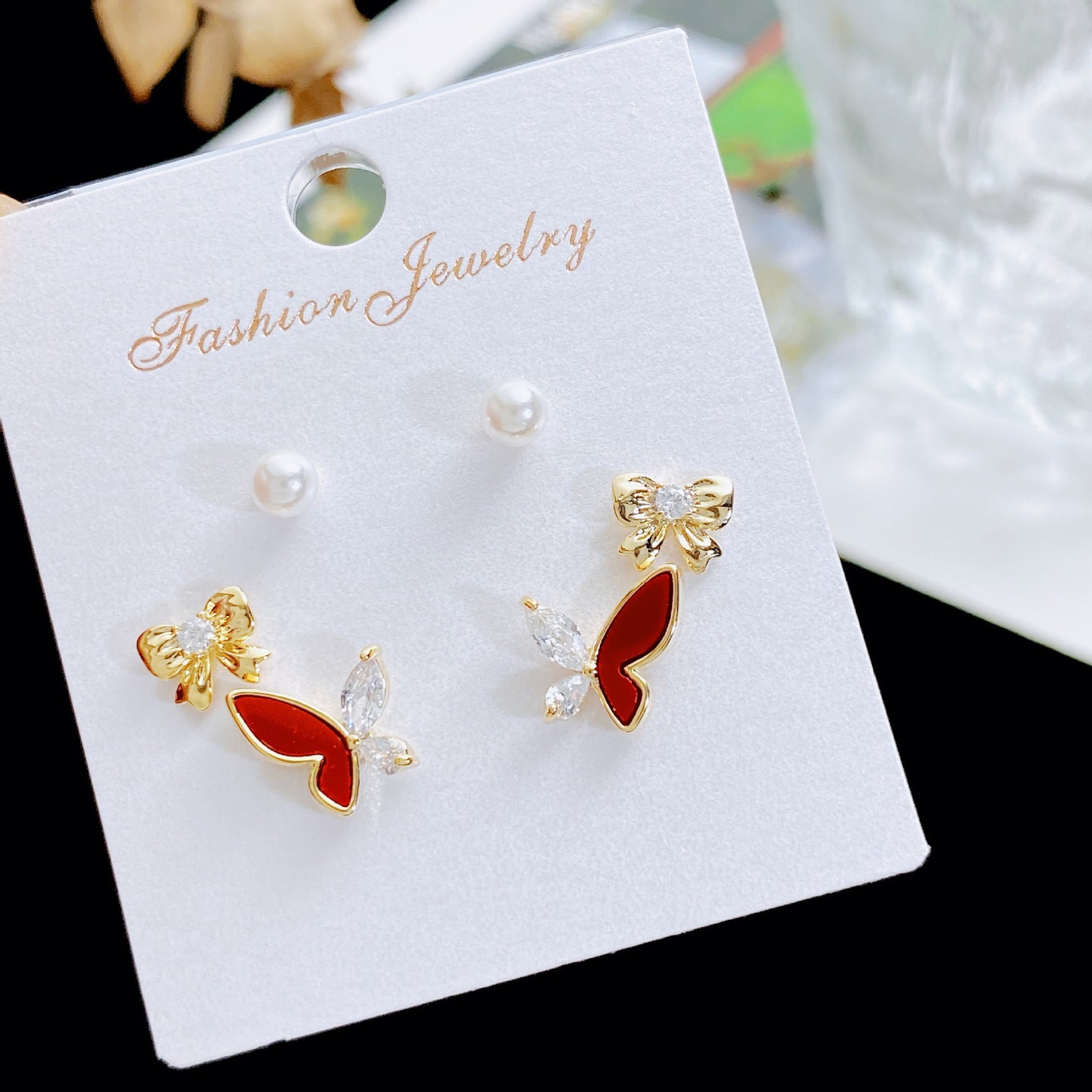 Women's Rhinestone Pearl Three Pairs Storage Ear Earrings