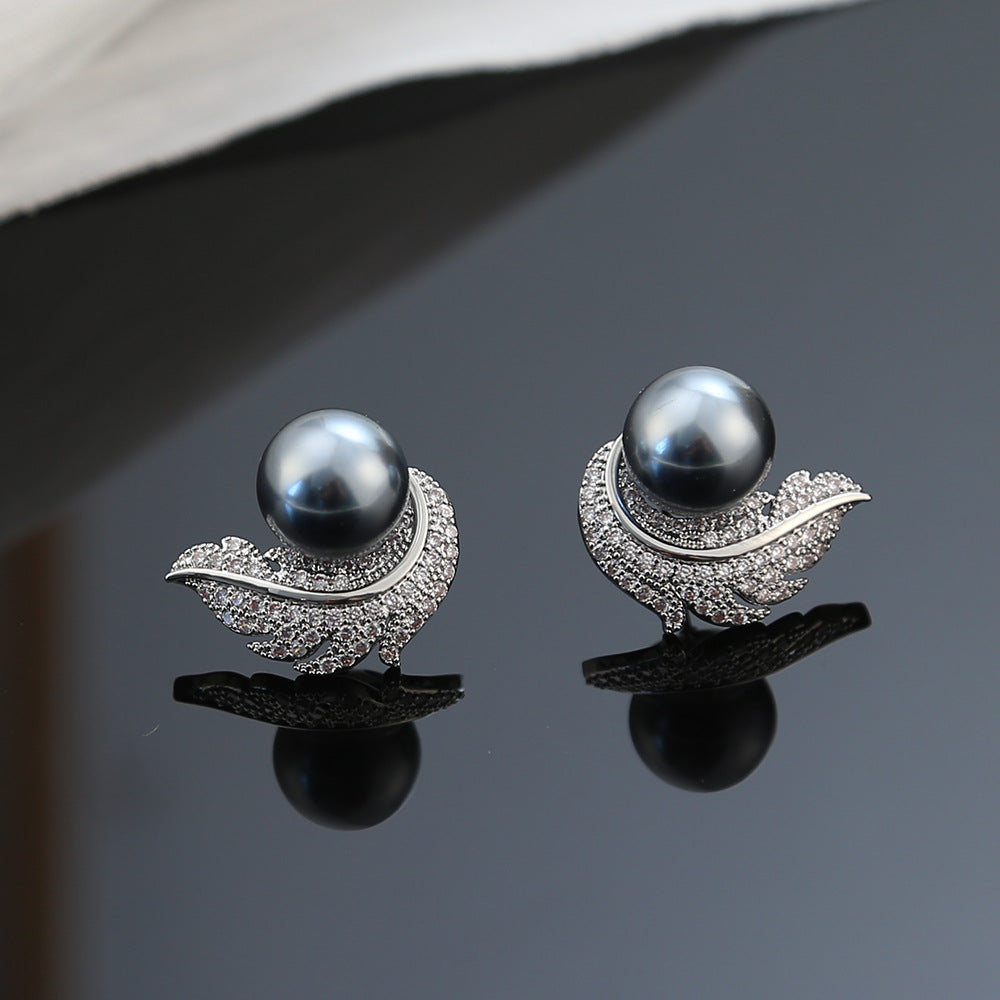 Zircon Feather Pearl High-grade Design Light Earrings