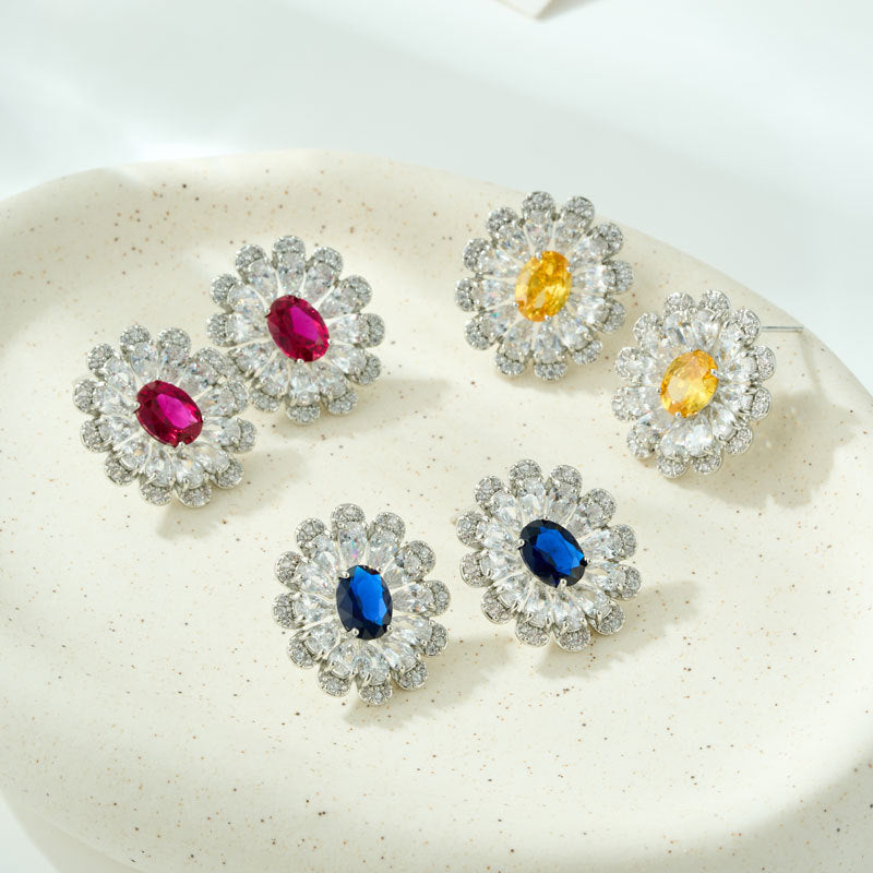 Flower Ear Copper Alloy Micro Inlaid Zircon Blue Pointed Sier Rings