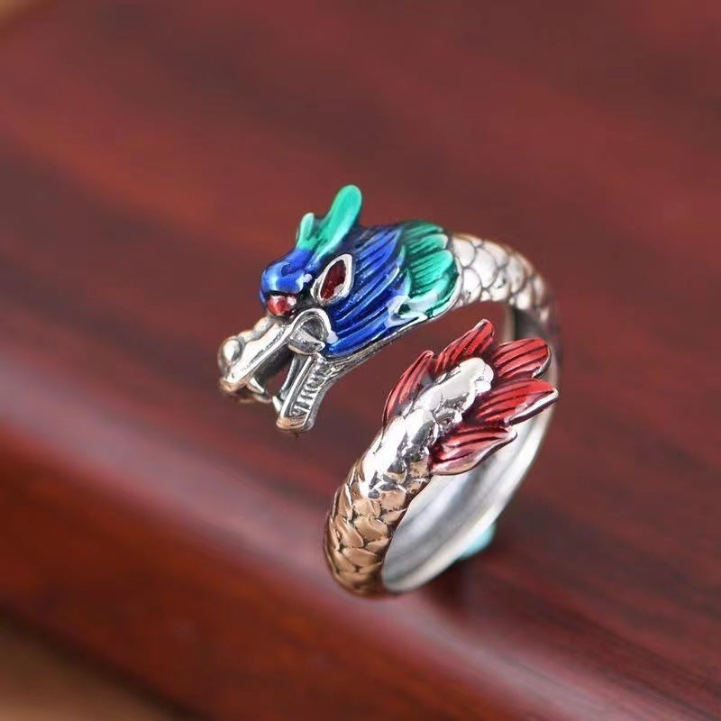 Zodiac Dragon Cloisonne Enamel Phoenix Couple Open Fashion Rings