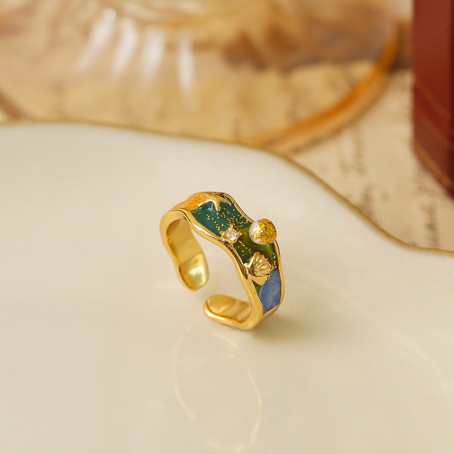 Blue Ocean Starfish Shell Summer Dopamine Colored Drip Glaze Opening Ring