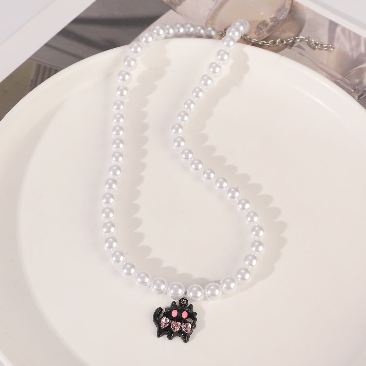 Gothic Retro Pink Cross Cat Stringed Pearls Necklaces
