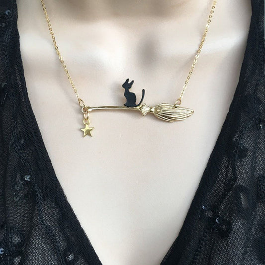 Cat Halloween Ornaments Magic Broom Black Necklaces