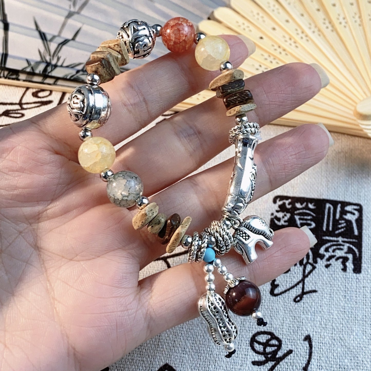 Women's Elephant For Couple Girlfriends Chinese Retro Natural Stone Woven Bracelets