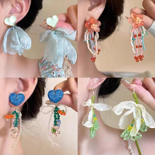 Needle Color Artificial Crystal Flower Tassel Sweet Fresh Ear Earrings