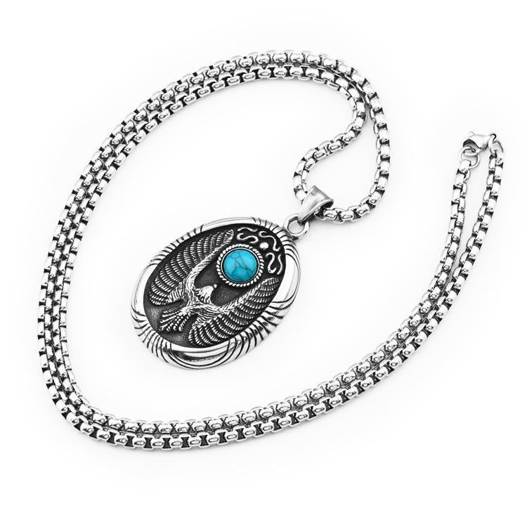 Women's & Men's Green Pine Flying Eagle Disc Hip Hop Titanium Steel Necklaces