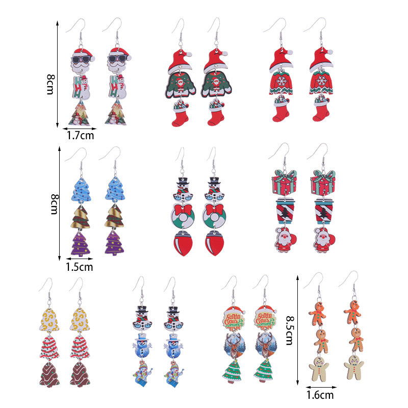 Christmas Tree Hat Bell Snowman Wooden Earrings