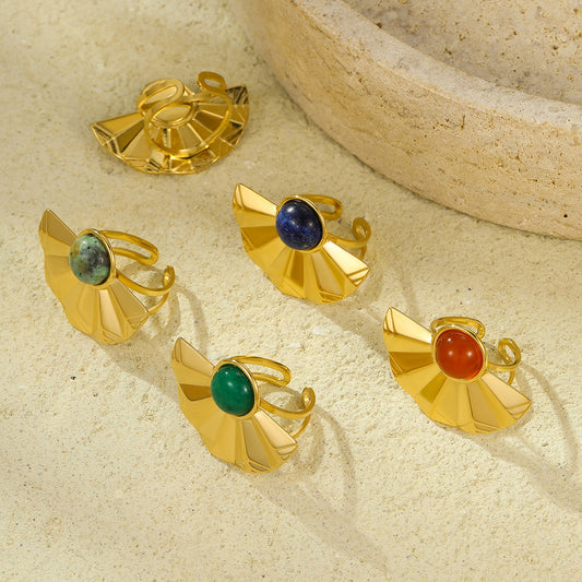 Steel Gold-plated Fan-shaped Inlaid Natural Stone Rings