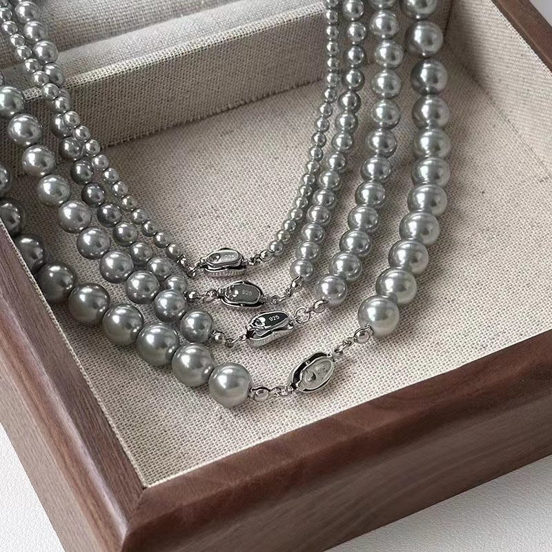 Women's Real Heather Gray Glass Pearl Short Set Necklaces