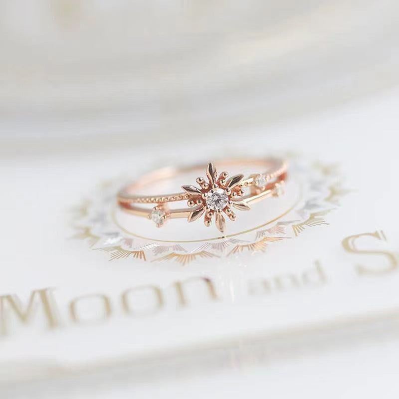 Women's Snowflake Delicate Mosaic Open-end Zircon White Exquisite Refined Grace Ring