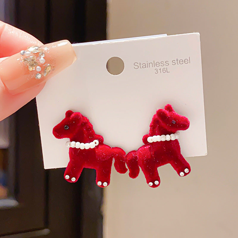 Women's Sier Needle Zircon Life Red Pony Light Luxury Earrings