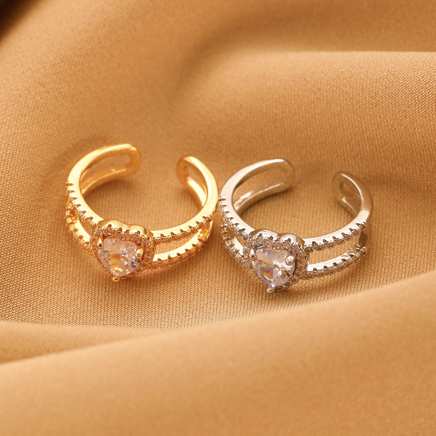 Vintage Zircon Loving Heart With Opening Adjustable Female Style Everyday Rings