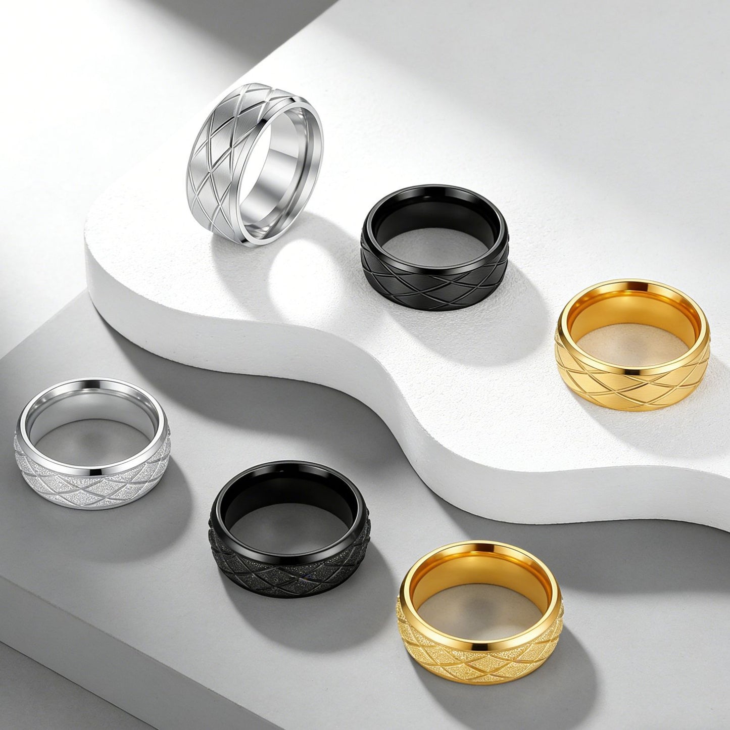 Diamond Plaid Line Frosted Couple Titanium Rings