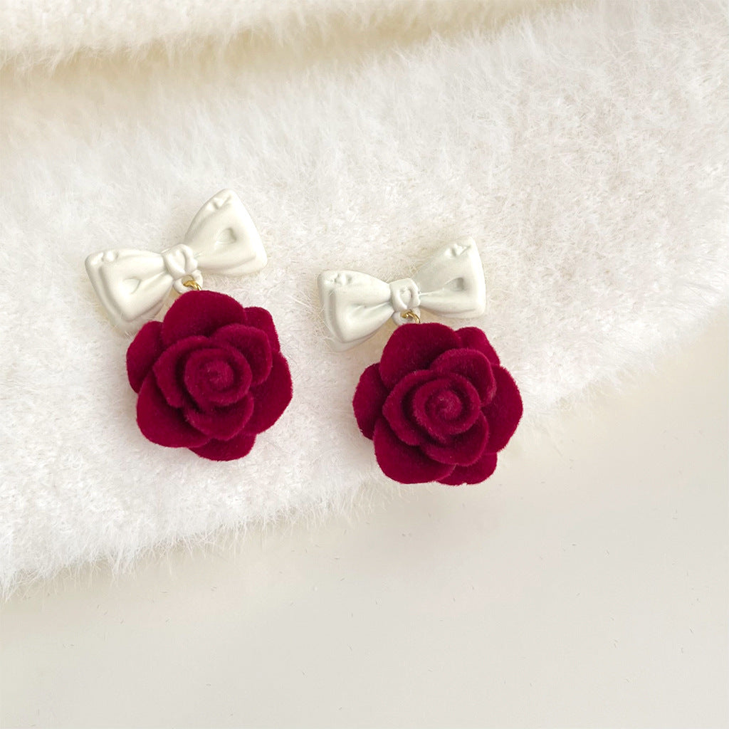 Flocking Flower Cute Love Heart Bow Earrings