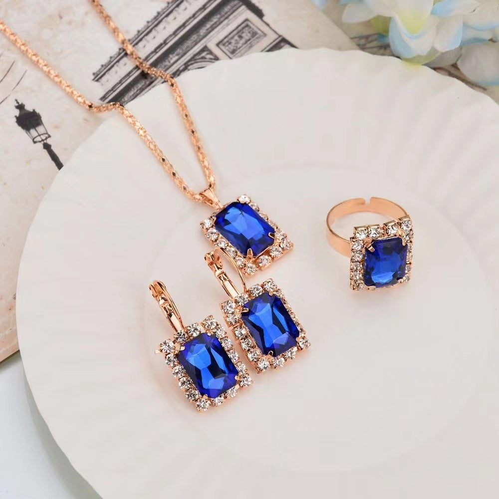 Rose Red Lake Blue Three-piece Rhinestone Necklaces