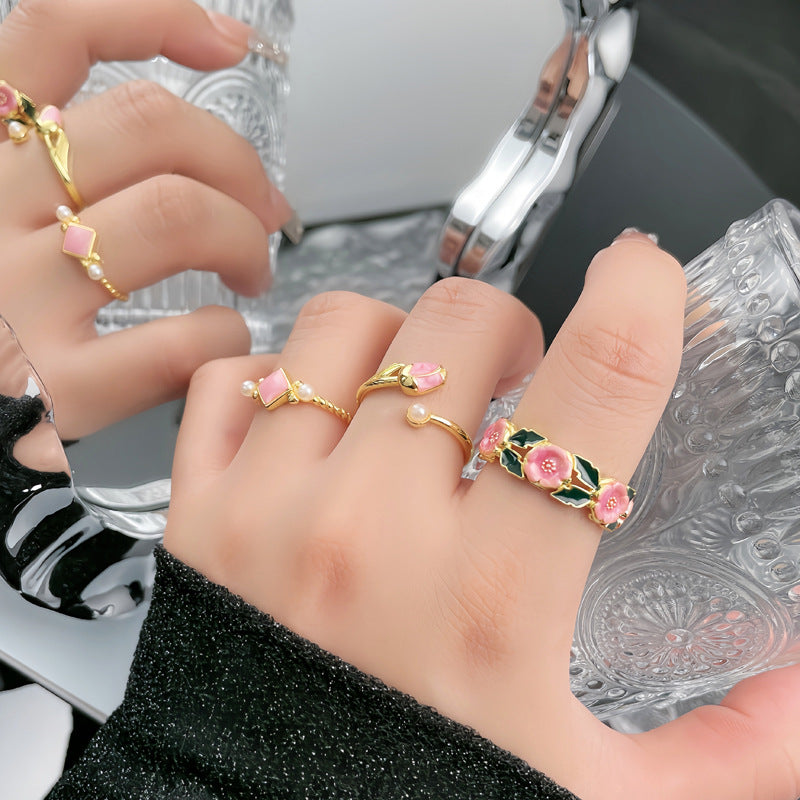 Enamel Rose Flower Drip Glazed Open Rings