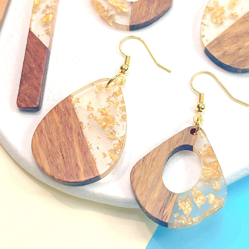 Women's Color Matching Wooden Gold Foil Geometric Earrings