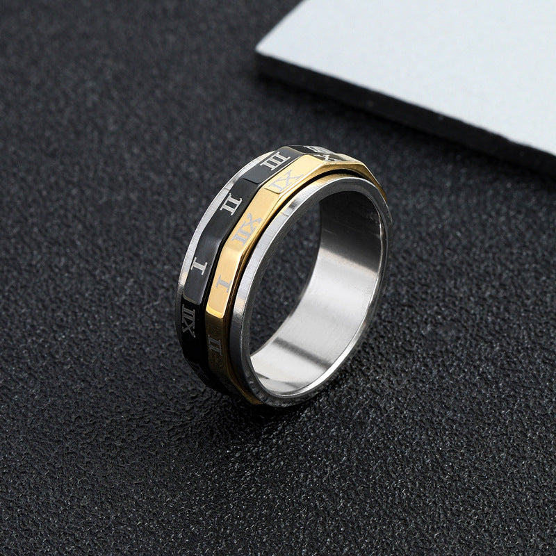 Men's Stainless Steel Simple Two-color Roman Characters Rings