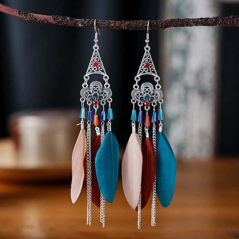 Mid-length Pagoda Crystal Feather Retro Long Upper Lower Stitching Earrings