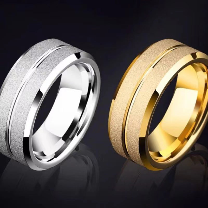 Stainless Steel Simple Beveled Single Line Frosted Couple Rings