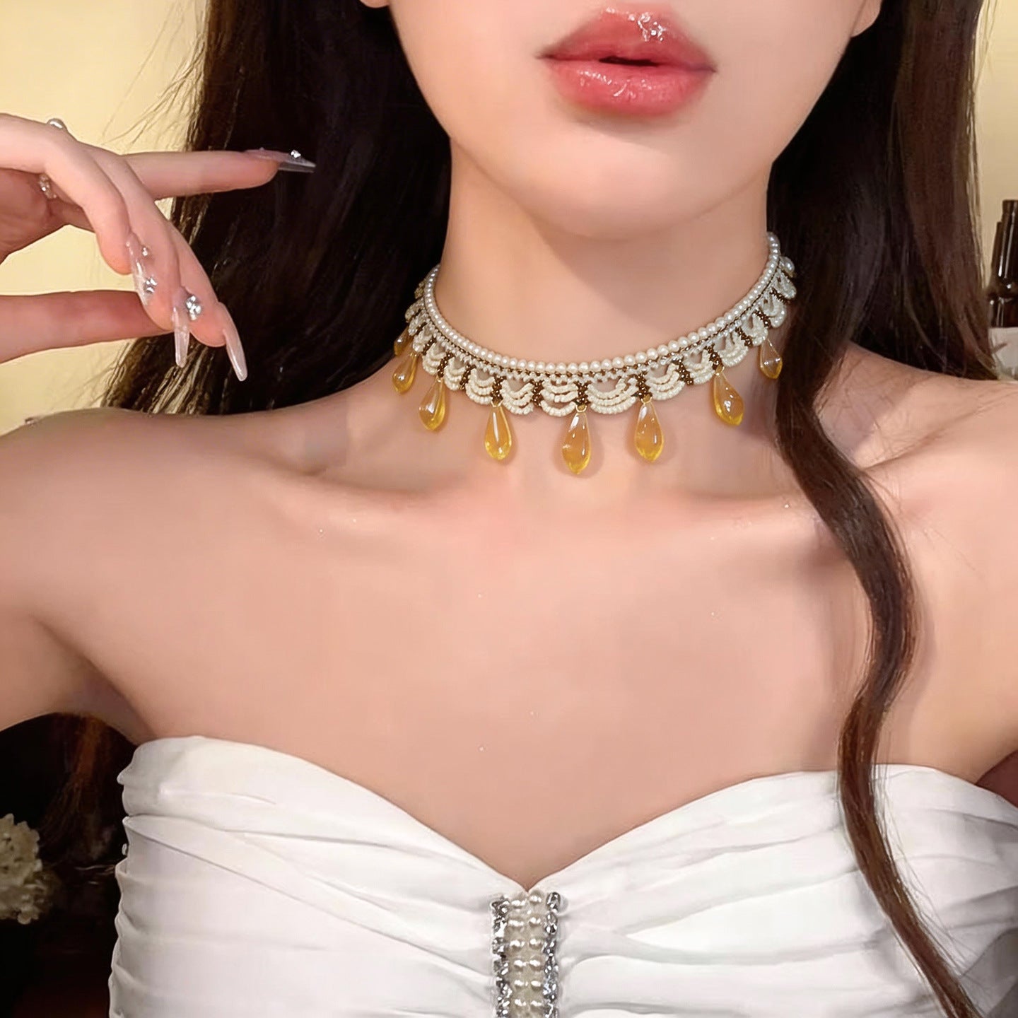 Women's Stainless Steel Glass Beaded Lace Mori Vacation Clavicle Chain Light Necklace