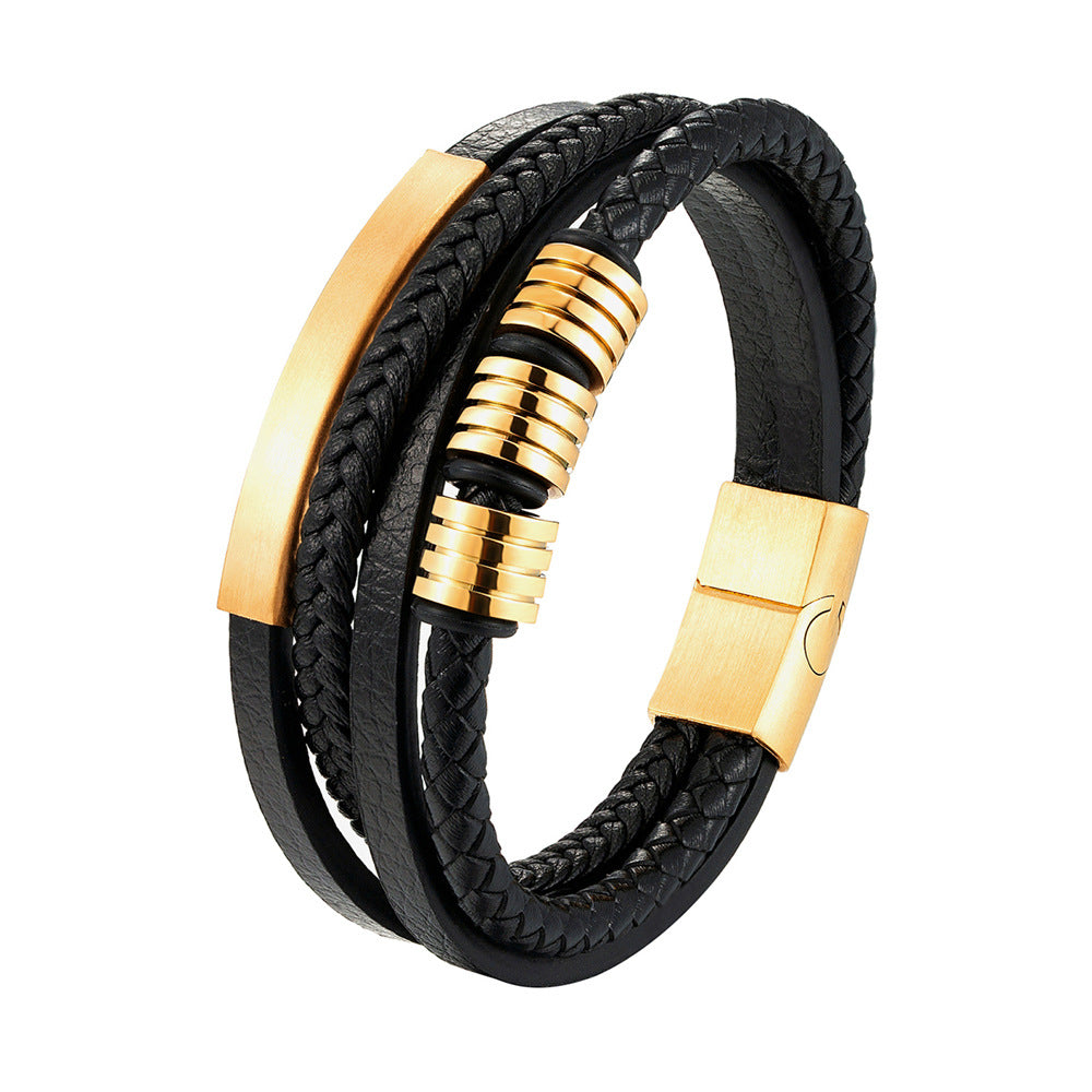 Men's Popular Titanium Steel Authentic Leather Weave Bracelet