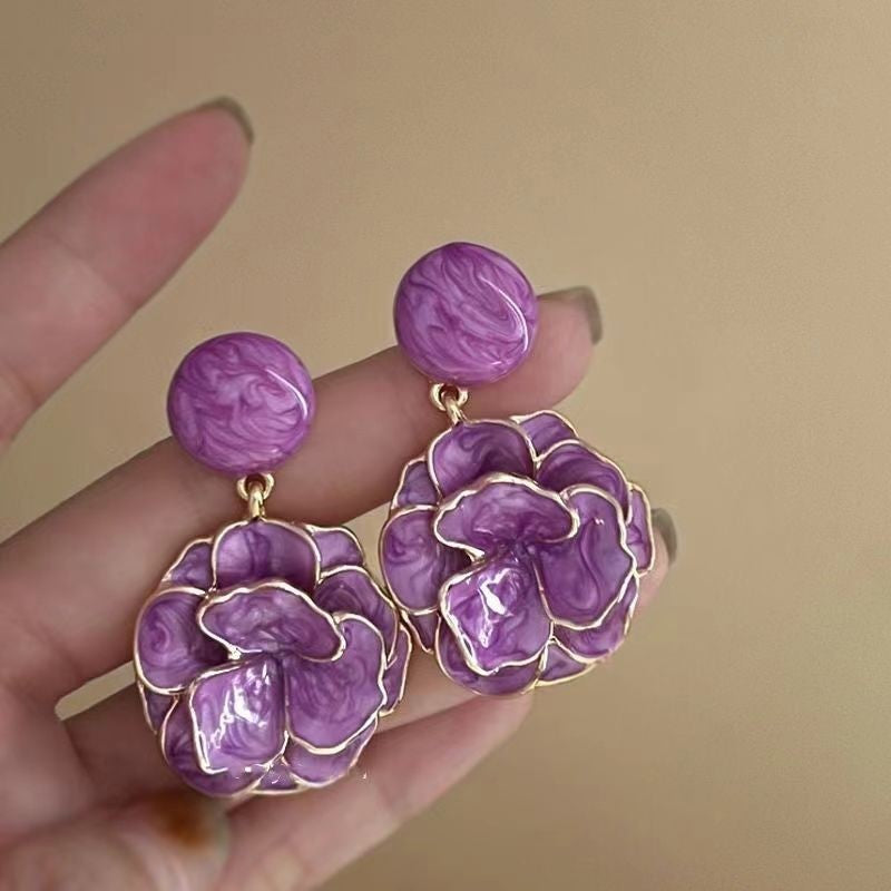 Sier Needle Resin Flower Tassel Mori Stud Earrings
