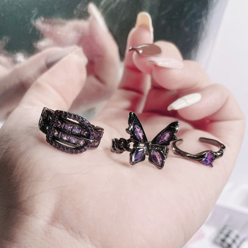 Buckle Purple Diamond Butterfly Opening Female Rings