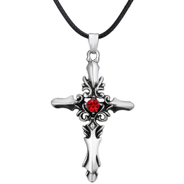 Women's & Men's Ornament Cross Ruby Crystal For Stainless Necklaces